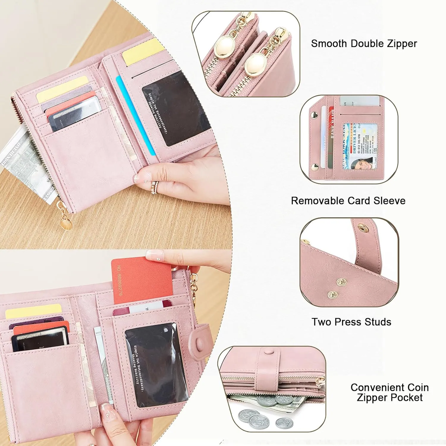 Small Wallets for Women Leather RFID Blocking Bifold Double Zipper Pockets Wallet Card Case Purse with 2 ID Windows