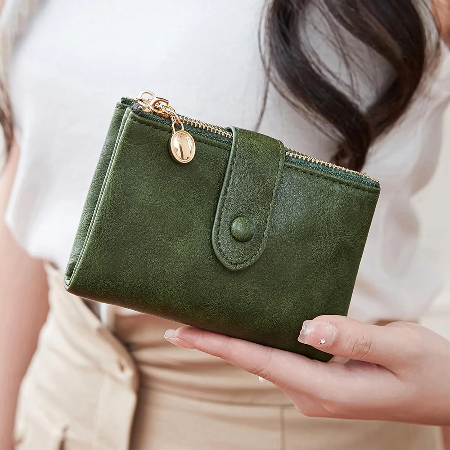 Small Wallets for Women Leather RFID Blocking Bifold Double Zipper Pockets Wallet Card Case Purse with 2 ID Windows