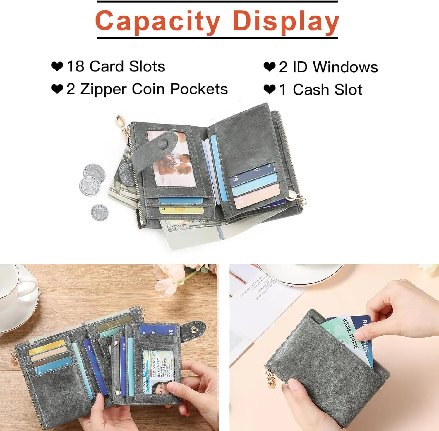 Small Wallets for Women Leather RFID Blocking Bifold Double Zipper Pockets Wallet Card Case Purse with 2 ID Windows