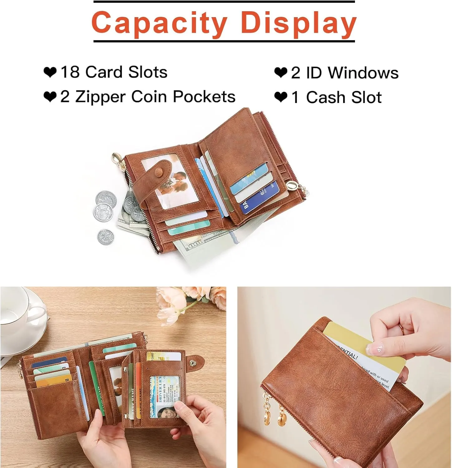 Small Wallets for Women Leather RFID Blocking Bifold Double Zipper Pockets Wallet Card Case Purse with 2 ID Windows