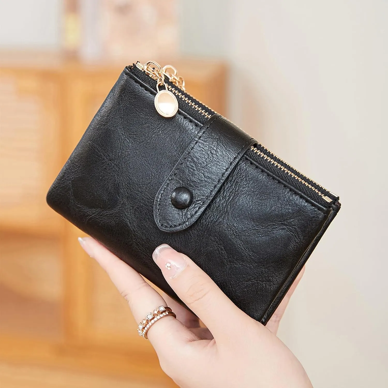 Small Wallets for Women Leather RFID Blocking Bifold Double Zipper Pockets Wallet Card Case Purse with 2 ID Windows