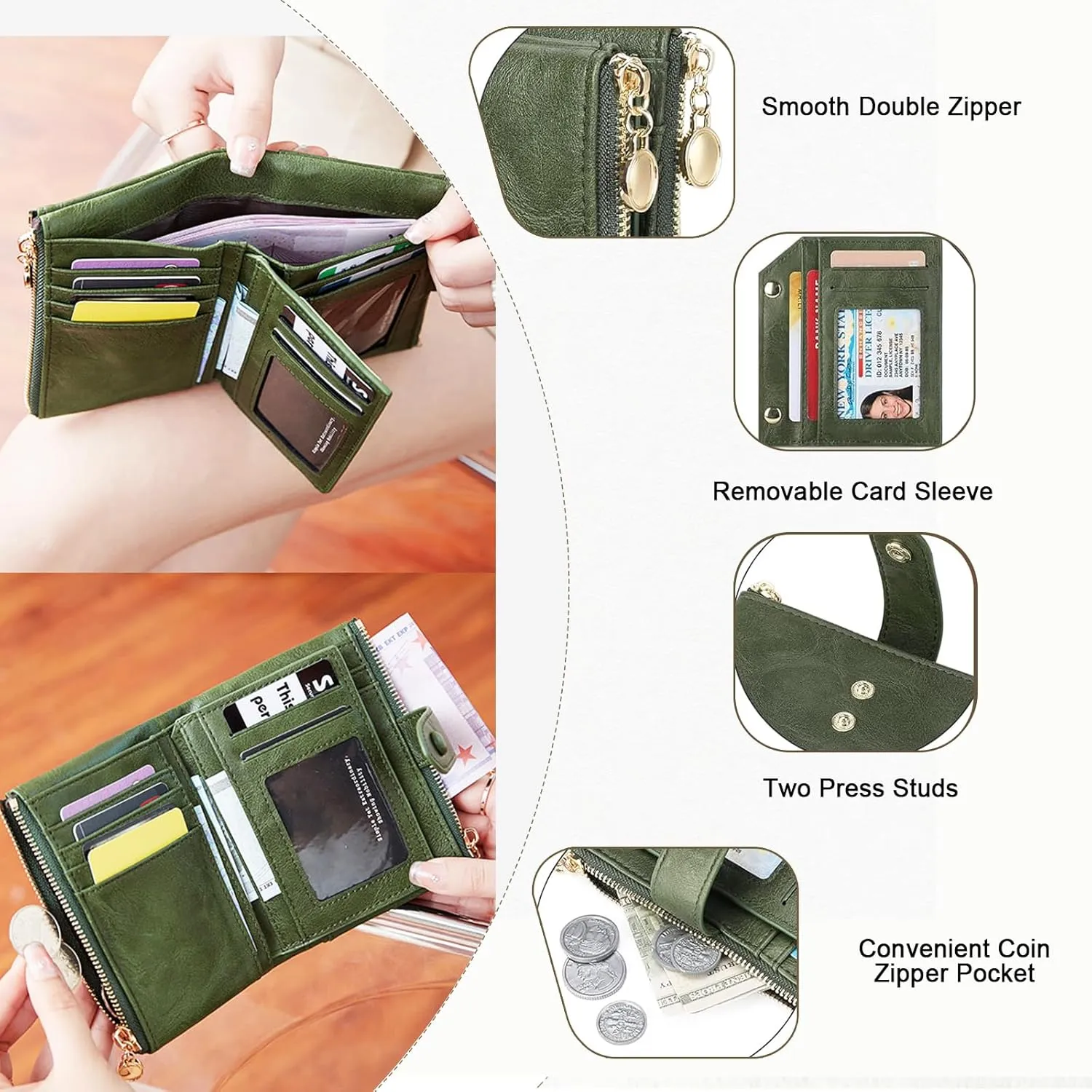 Small Wallets for Women Leather RFID Blocking Bifold Double Zipper Pockets Wallet Card Case Purse with 2 ID Windows
