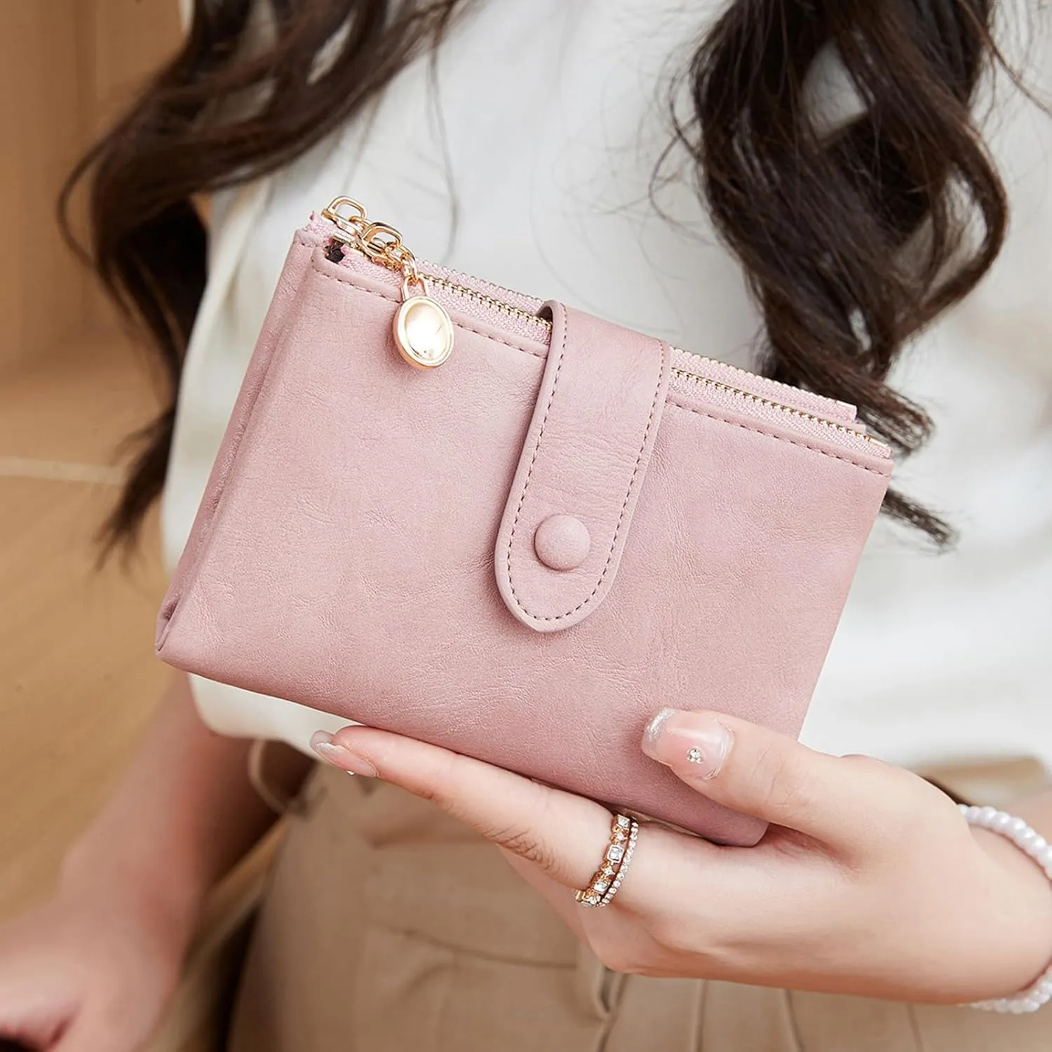 Small Wallets for Women Leather RFID Blocking Bifold Double Zipper Pockets Wallet Card Case Purse with 2 ID Windows