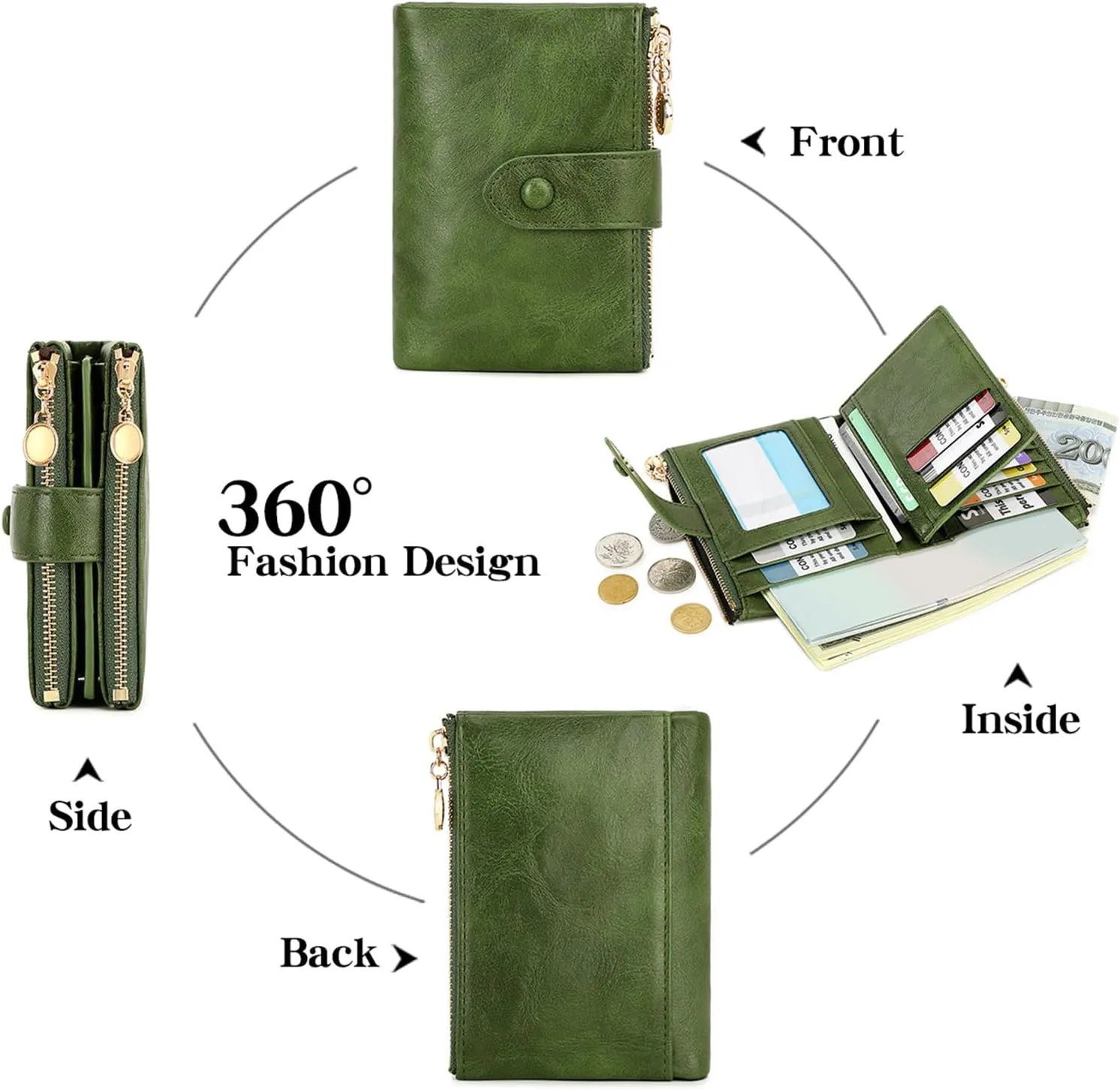 Small Wallets for Women Leather RFID Blocking Bifold Double Zipper Pockets Wallet Card Case Purse with 2 ID Windows
