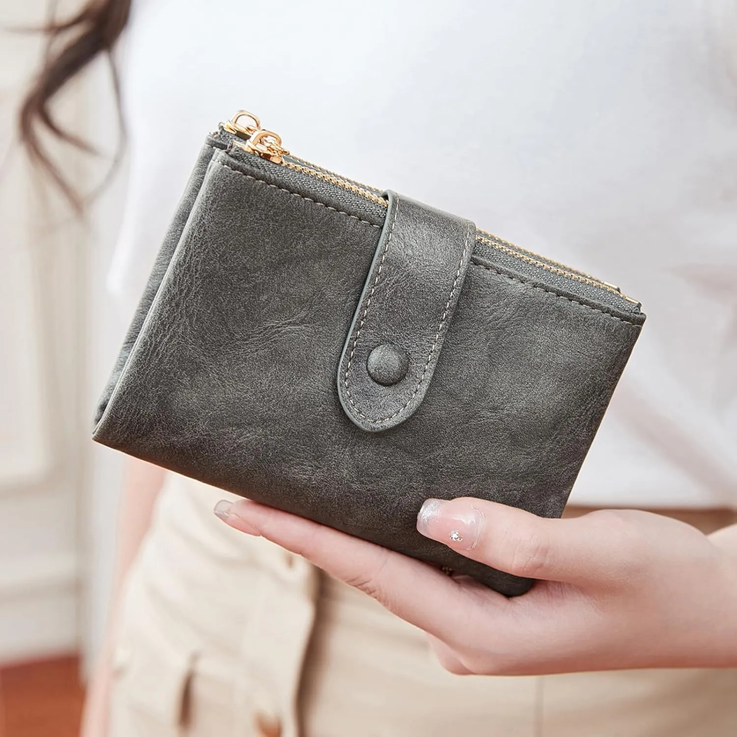Small Wallets for Women Leather RFID Blocking Bifold Double Zipper Pockets Wallet Card Case Purse with 2 ID Windows