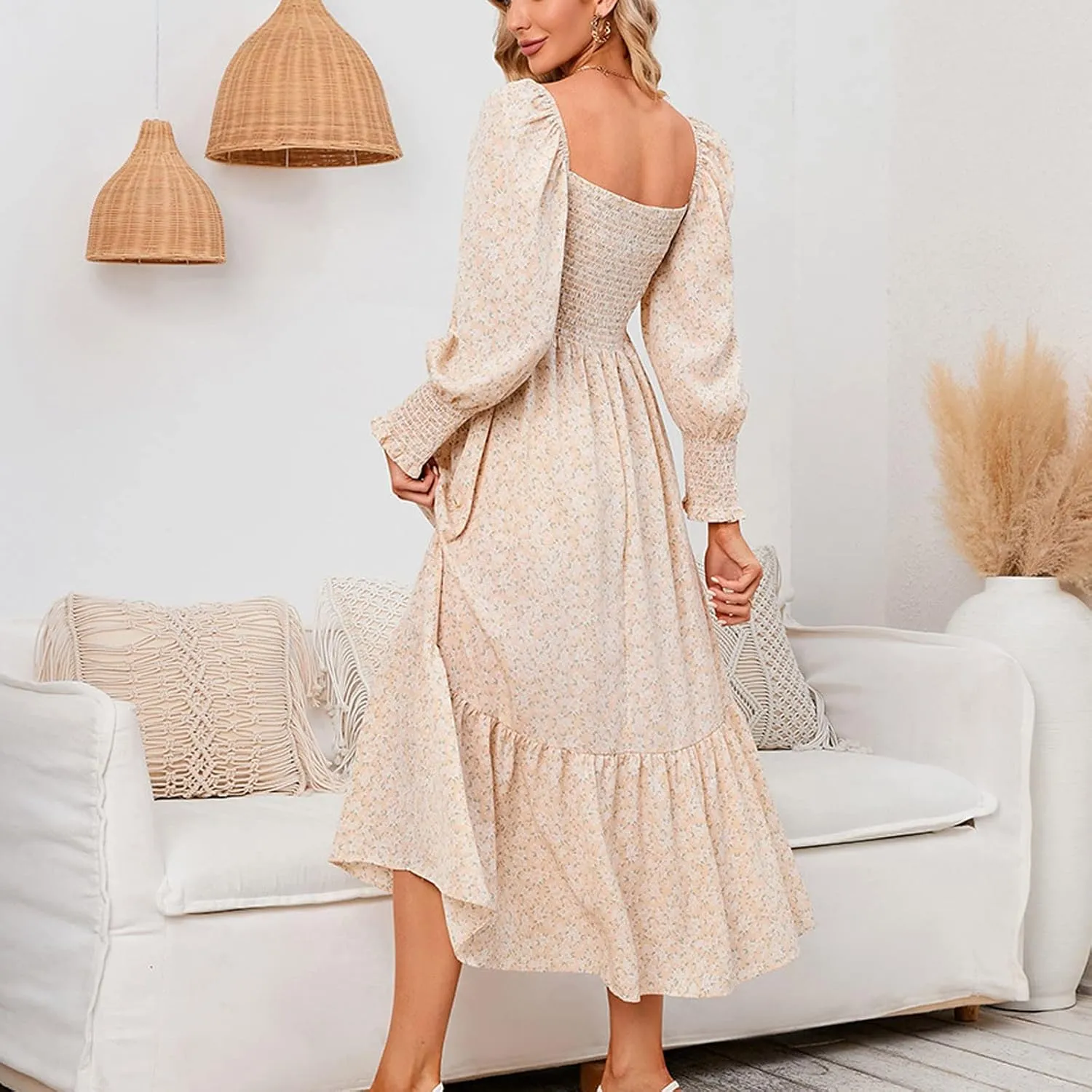 SMIDOW Bohemian Dress for Women Summer 2023 Long Sleeve Square Neck Maxi Dress Smocked Ruffle Flowy Chiffon Beach Sundress