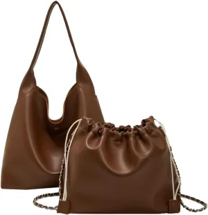 Soft Vegan Leather Shoulder Bag for Women Large Casual Retro Handbags Working Shopping Tote Purse Satchels 2pcs
