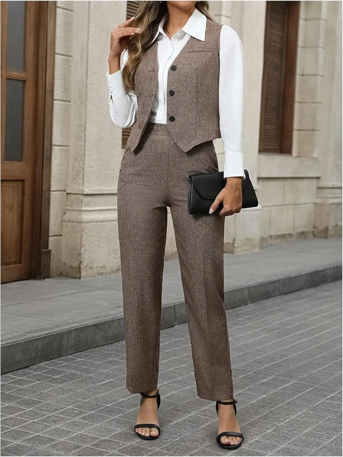 SOLY HUX Women's 2 Piece Outfits V Neck Button Down Sleeveless Blazer Vest and Pants Work Office Set
