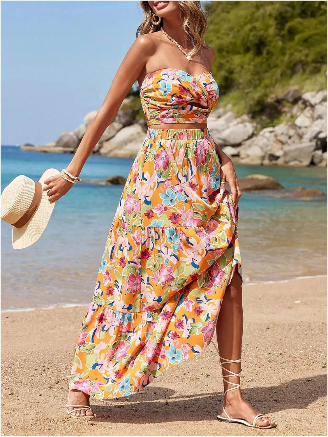 SOLY HUX Women's Boho 2 Piece Outfits Floral Print Colorful Tube Top and Ruffle Hem Maxi Skirt Set