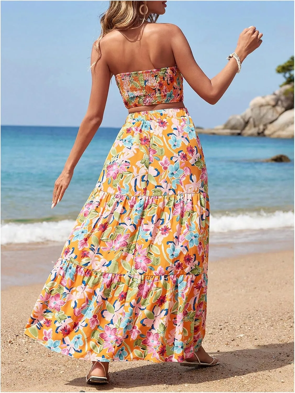 SOLY HUX Women's Boho 2 Piece Outfits Floral Print Colorful Tube Top and Ruffle Hem Maxi Skirt Set