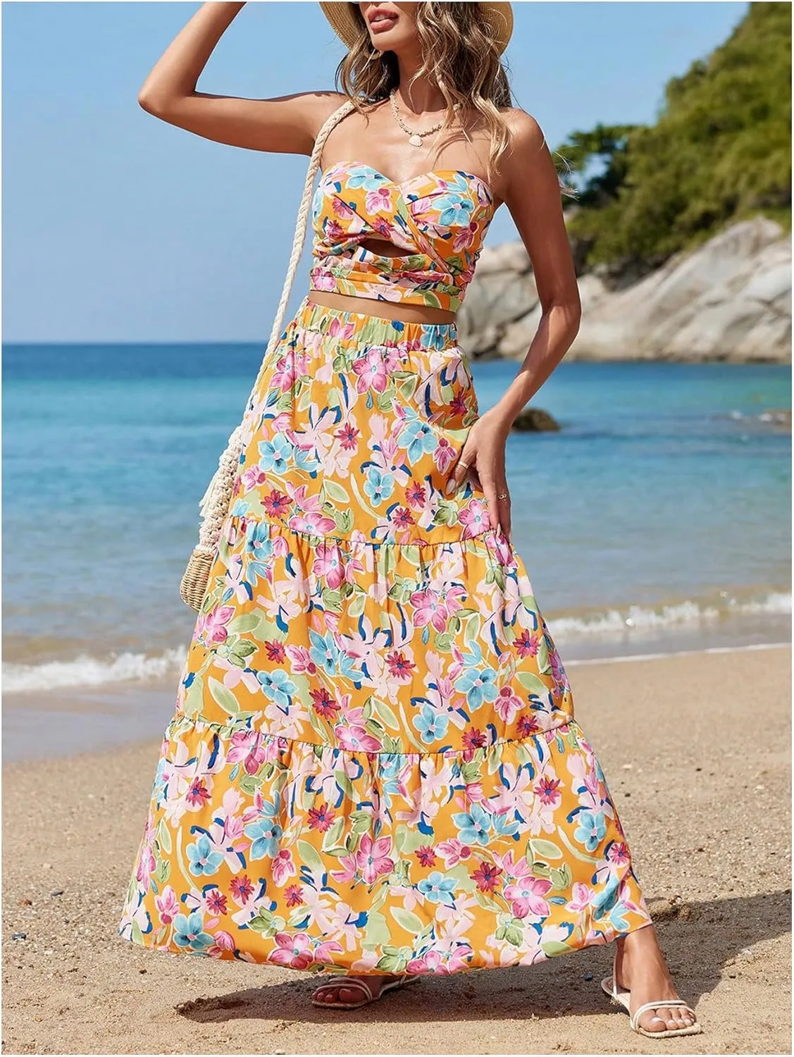 SOLY HUX Women's Boho 2 Piece Outfits Floral Print Colorful Tube Top and Ruffle Hem Maxi Skirt Set