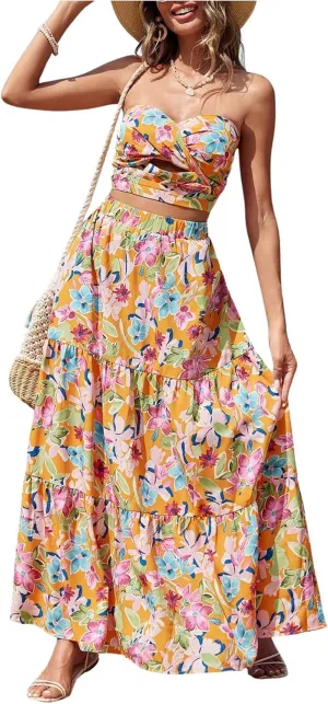 SOLY HUX Women's Boho 2 Piece Outfits Floral Print Colorful Tube Top and Ruffle Hem Maxi Skirt Set