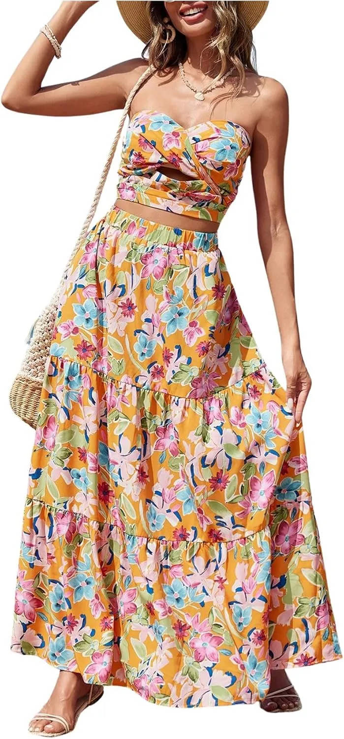 SOLY HUX Women's Boho 2 Piece Outfits Floral Print Colorful Tube Top and Ruffle Hem Maxi Skirt Set