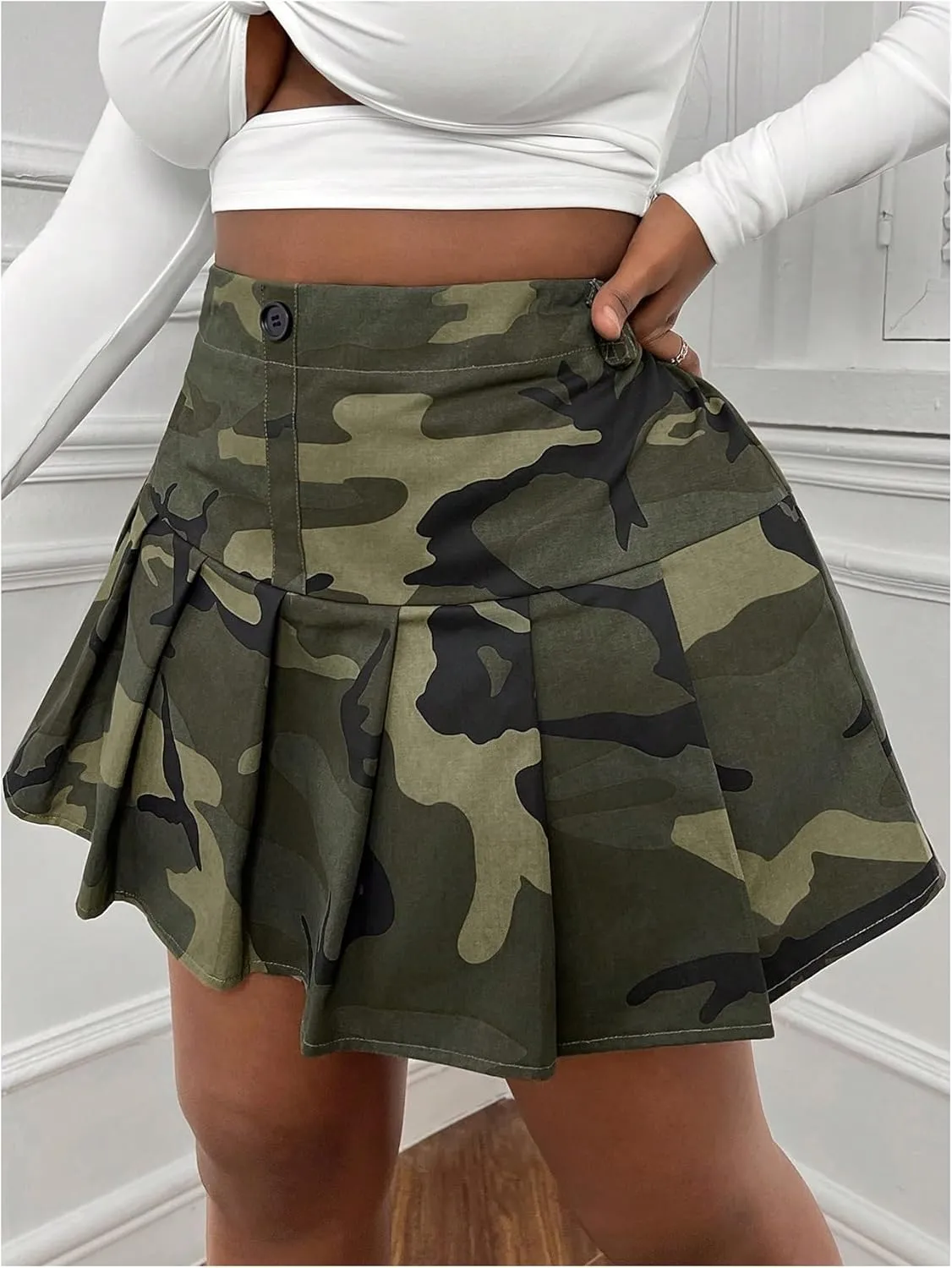 SOLY HUX Women's Plus Size Skirt Camo Print High Waisted Pleated A Line Short Skirts