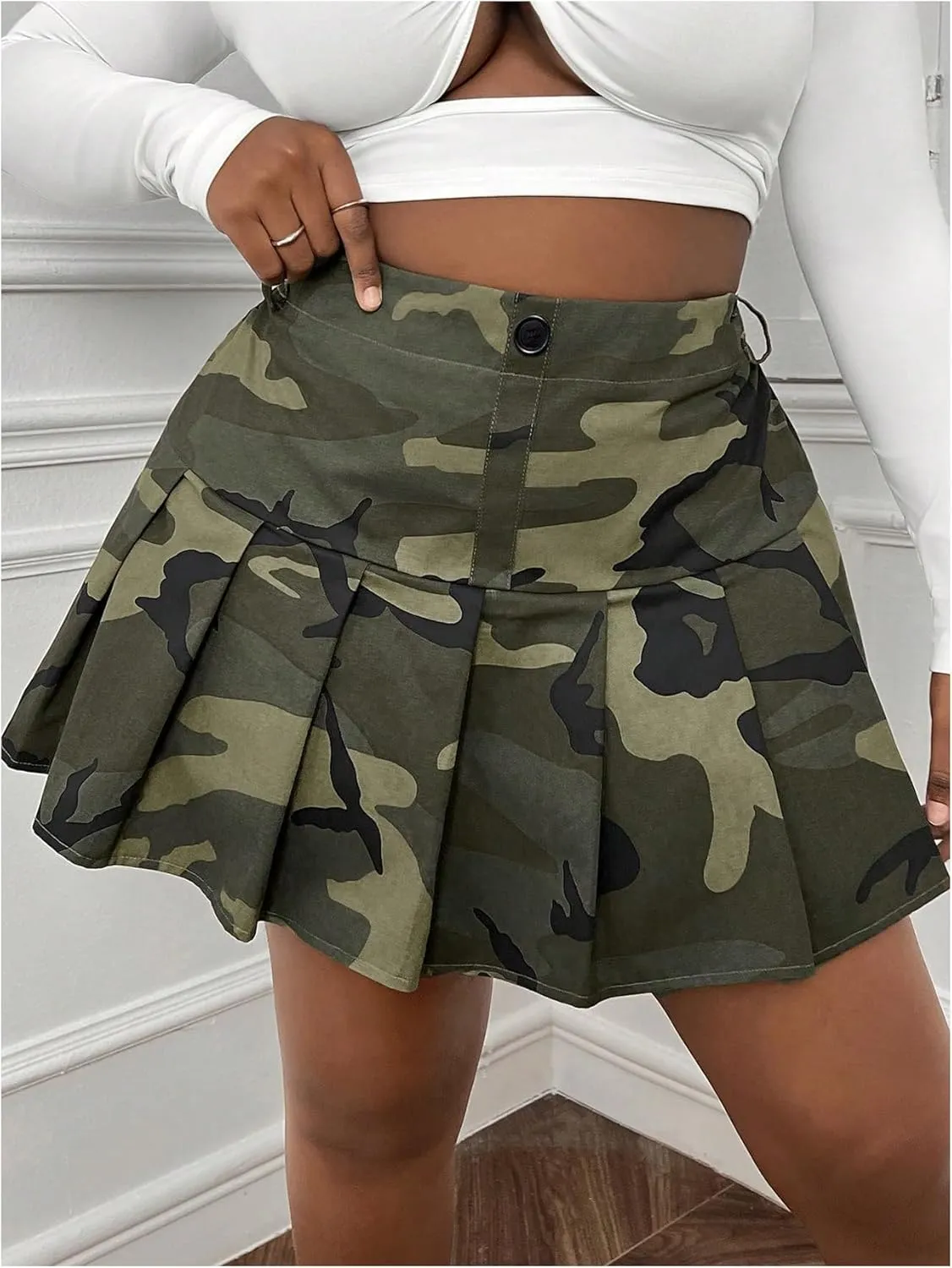 SOLY HUX Women's Plus Size Skirt Camo Print High Waisted Pleated A Line Short Skirts