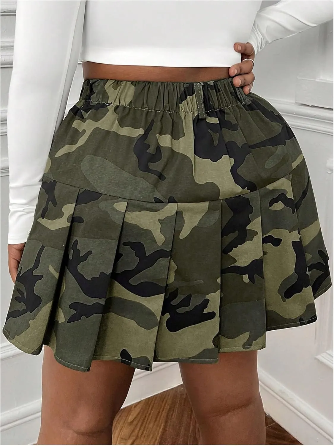 SOLY HUX Women's Plus Size Skirt Camo Print High Waisted Pleated A Line Short Skirts