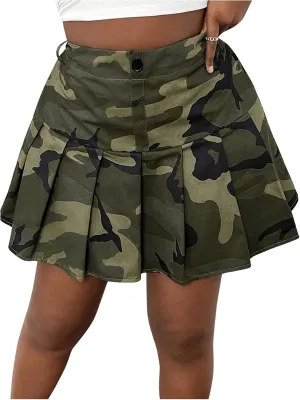SOLY HUX Women's Plus Size Skirt Camo Print High Waisted Pleated A Line Short Skirts