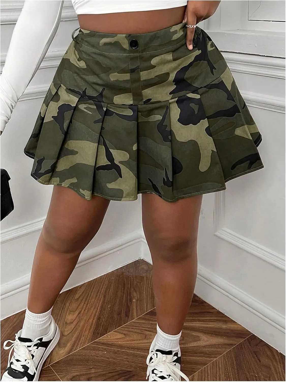 SOLY HUX Women's Plus Size Skirt Camo Print High Waisted Pleated A Line Short Skirts