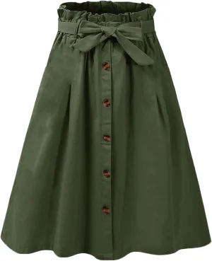 SOMTHRON Women's Casual Belted Button Down Midi Skirts High Waist A Line Knee Length Pleated Skirt