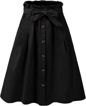 SOMTHRON Women's Casual Belted Button Down Midi Skirts High Waist A Line Knee Length Pleated Skirt
