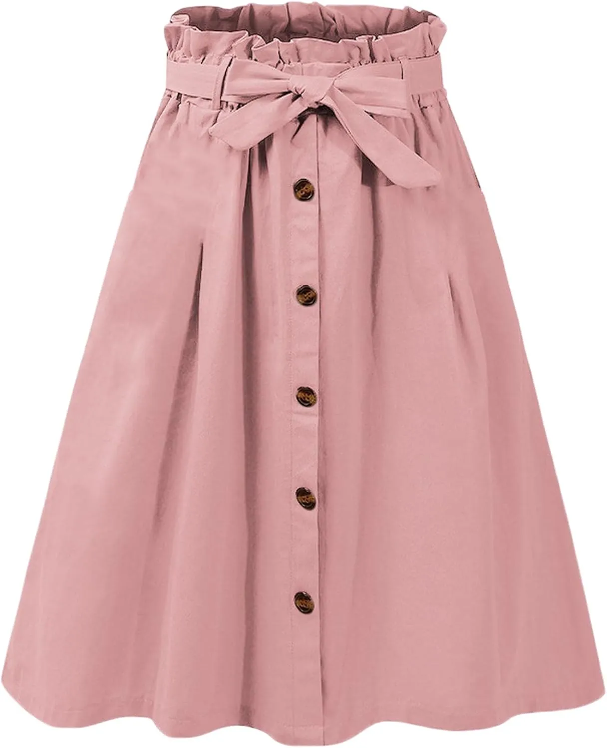 SOMTHRON Women's Casual Belted Button Down Midi Skirts High Waist A Line Knee Length Pleated Skirt