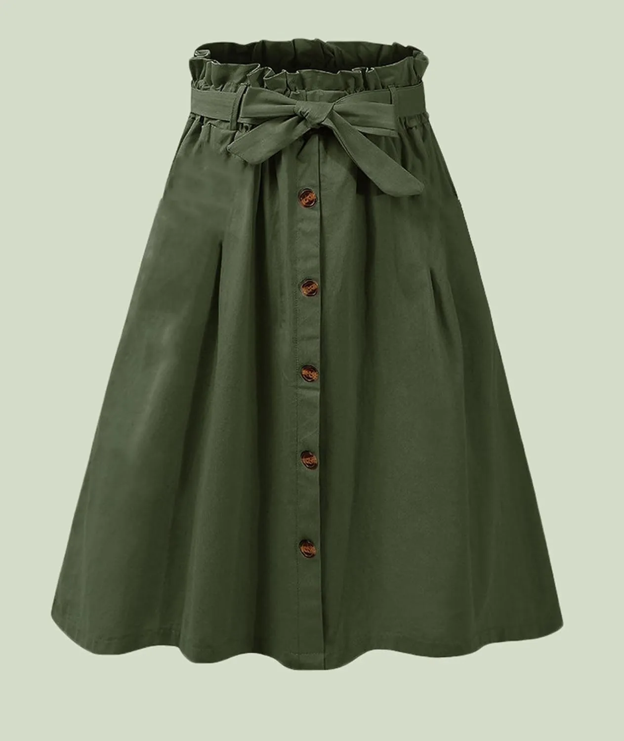 SOMTHRON Women's Casual Belted Button Down Midi Skirts High Waist A Line Knee Length Pleated Skirt