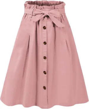 SOMTHRON Women's Casual Belted Button Down Midi Skirts High Waist A Line Knee Length Pleated Skirt