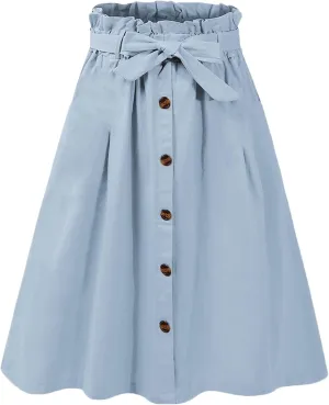 SOMTHRON Women's Casual Belted Button Down Midi Skirts High Waist A Line Knee Length Pleated Skirt
