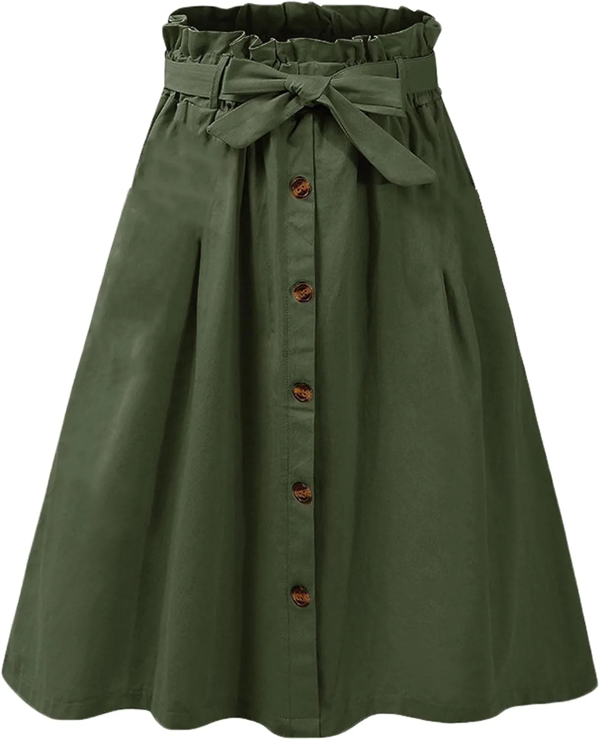 SOMTHRON Women's Casual Belted Button Down Midi Skirts High Waist A Line Knee Length Pleated Skirt