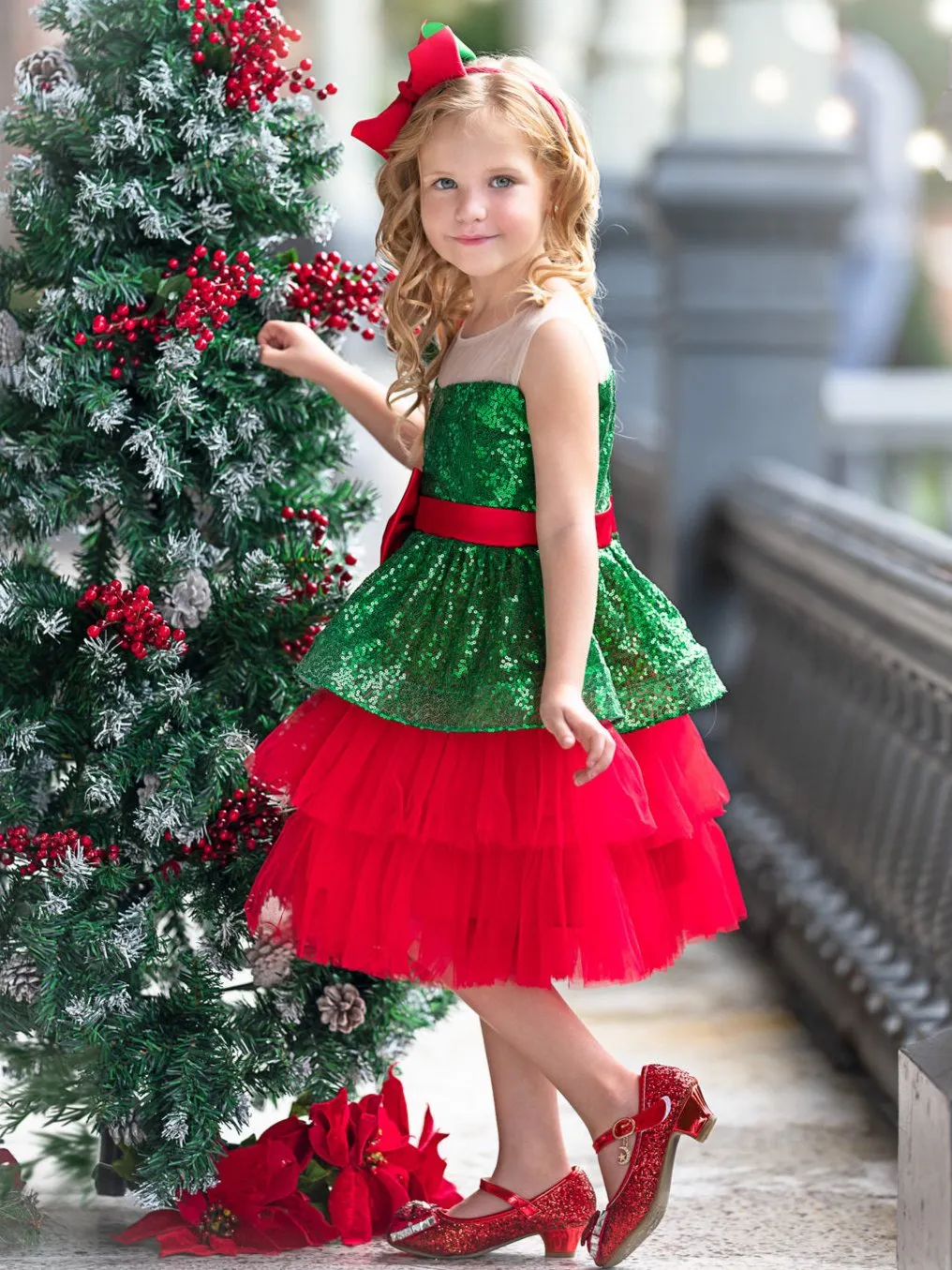 Sparkling Evergreen Christmas Bow Tulle Dress