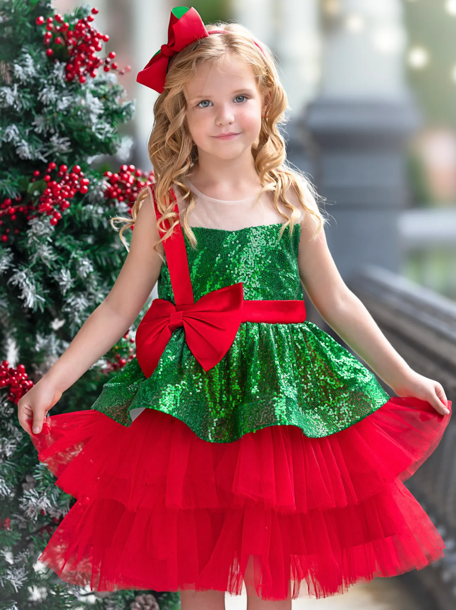 Sparkling Evergreen Christmas Bow Tulle Dress