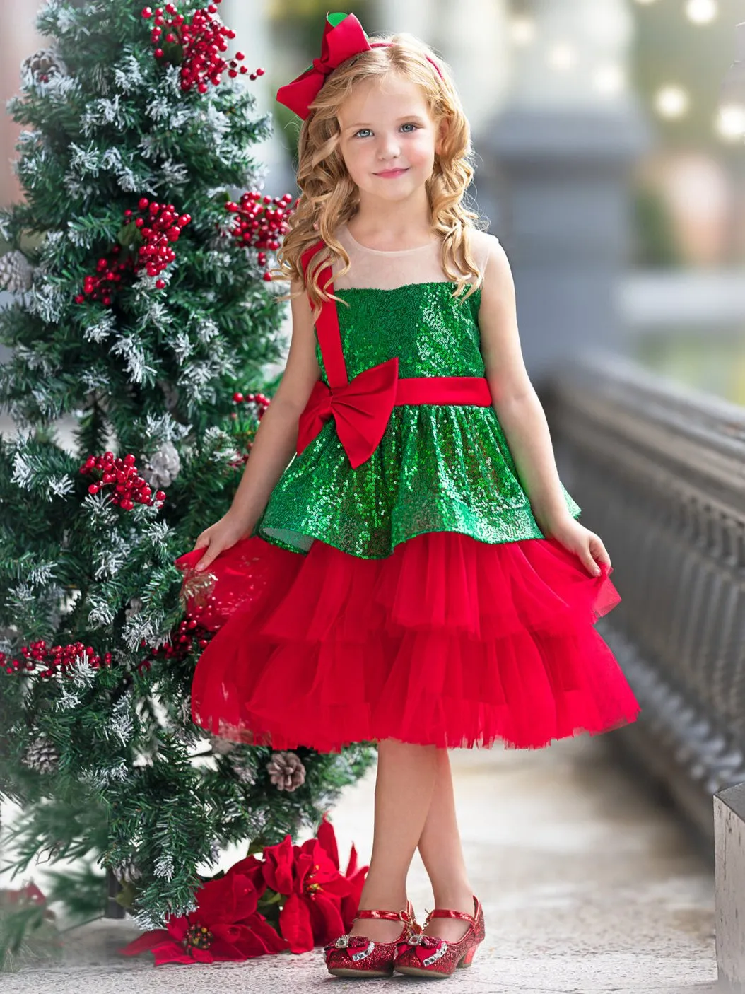 Sparkling Evergreen Christmas Bow Tulle Dress