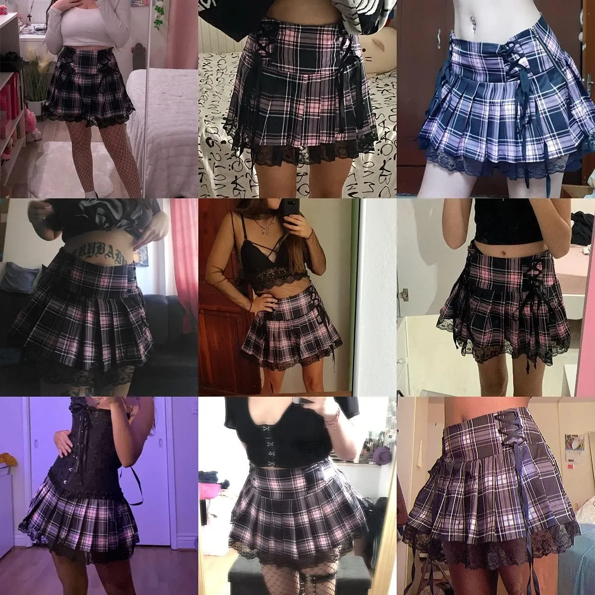 Suillty Women Girls High Waisted Gothic Pleated Skirt Plaid Lace Up A-Lined Mini Skirt Punk Lace Patchwork