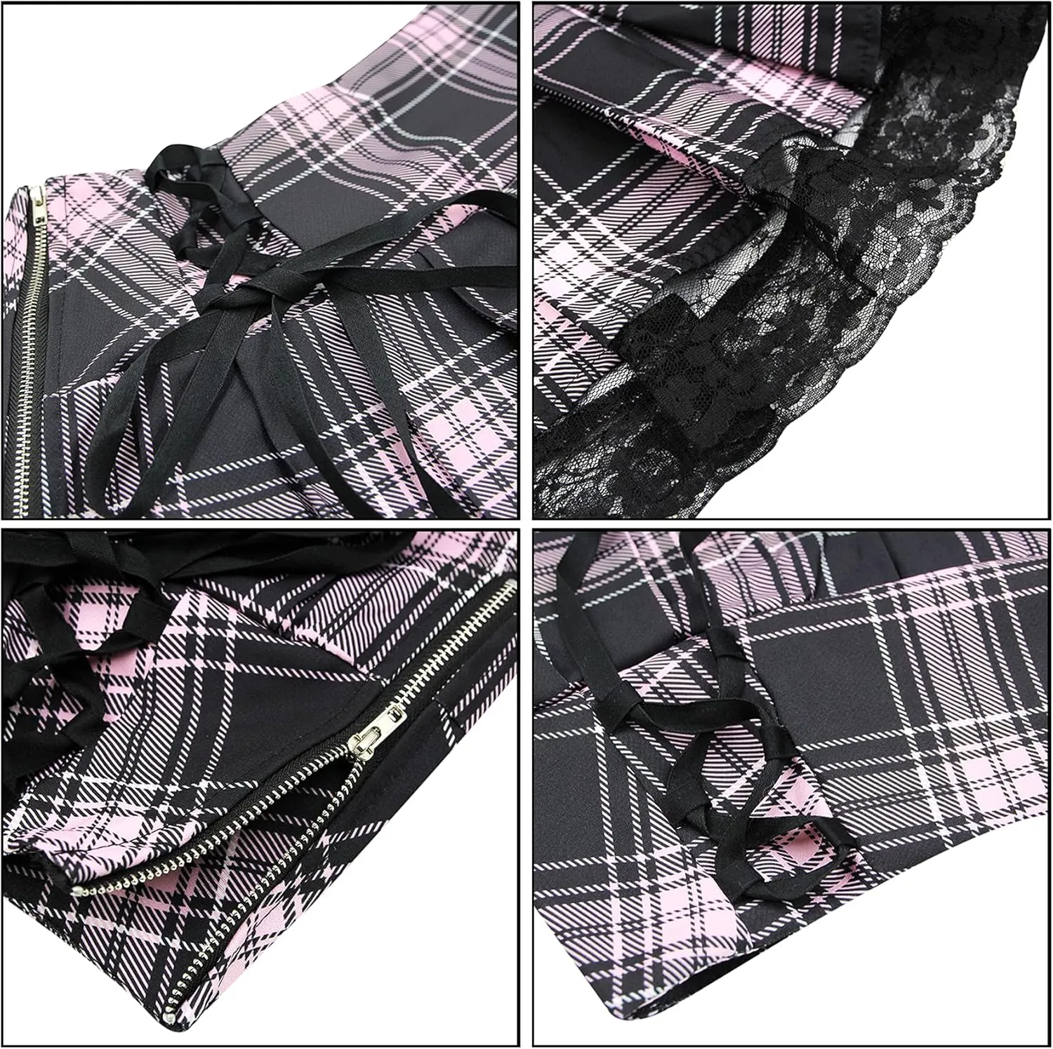 Suillty Women Girls High Waisted Gothic Pleated Skirt Plaid Lace Up A-Lined Mini Skirt Punk Lace Patchwork