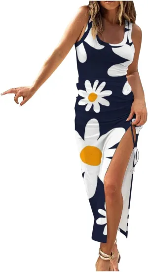 Summer Dresses for Women 2024 Casual Plus Size Beach Boho Floral Maxi Dress Sexy High Slit Sleeveless Tank Print Sundress