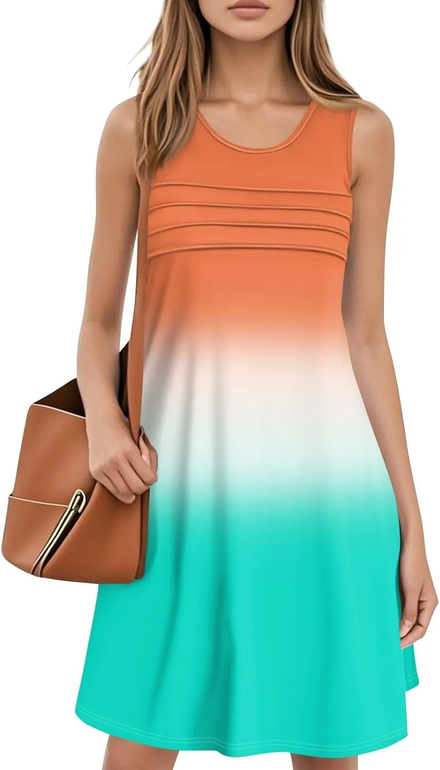 Summer Dresses for Women 2025 Casual Crewneck Sleeveless Tunic Dress Gradient Color Flowy Sundress with Pockets