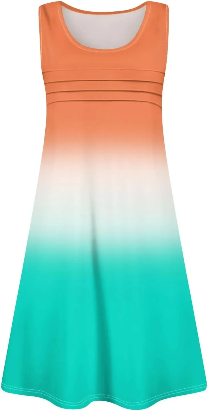 Summer Dresses for Women 2025 Casual Crewneck Sleeveless Tunic Dress Gradient Color Flowy Sundress with Pockets