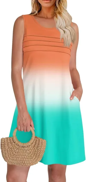 Summer Dresses for Women 2025 Casual Crewneck Sleeveless Tunic Dress Gradient Color Flowy Sundress with Pockets