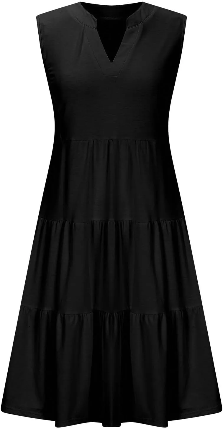 Summer Dresses for Women 2025 Casual Sleeveless Beach Dress Fashion Pleated Loose V-Neck Solid Color Sundress
