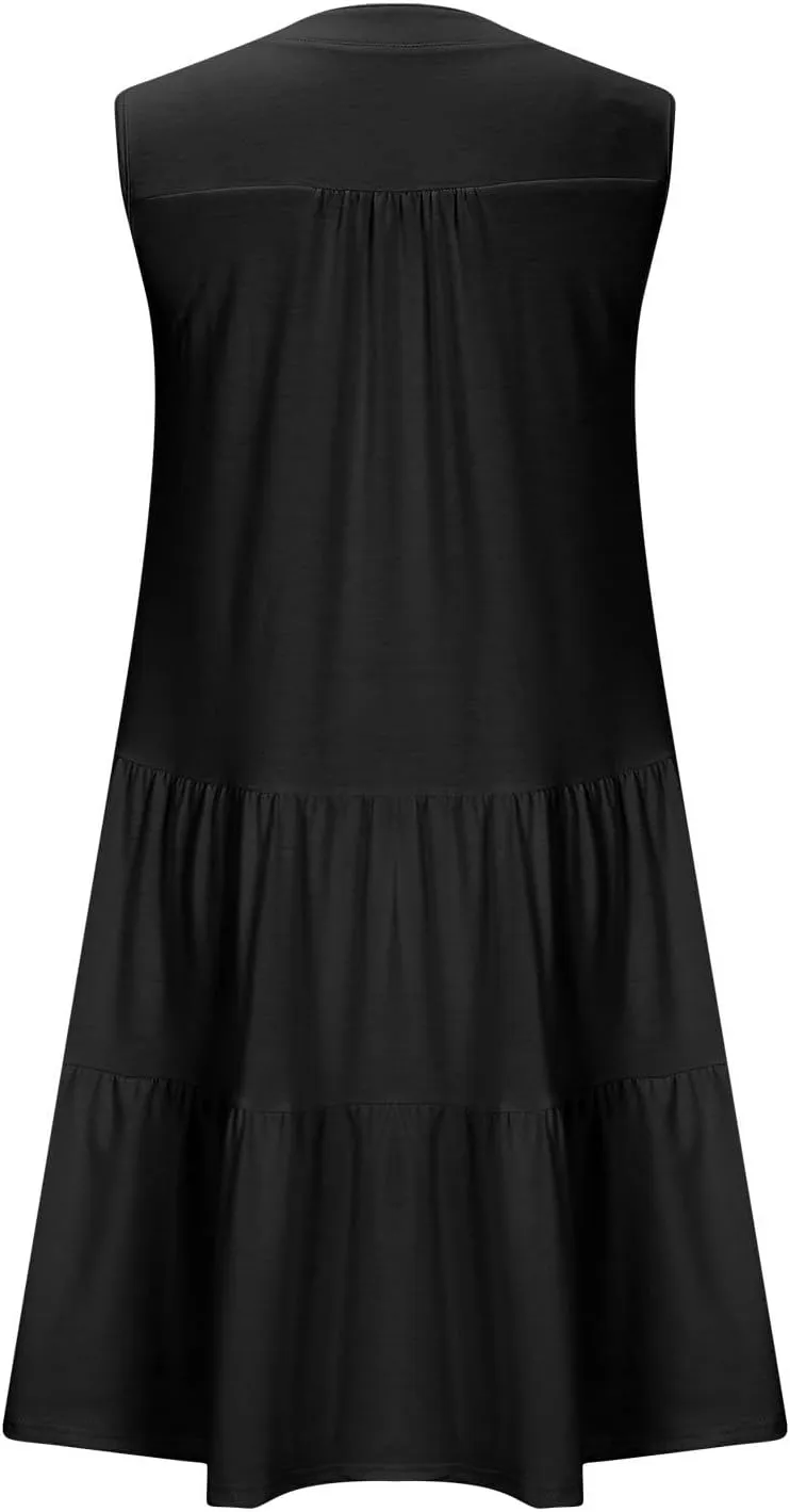 Summer Dresses for Women 2025 Casual Sleeveless Beach Dress Fashion Pleated Loose V-Neck Solid Color Sundress