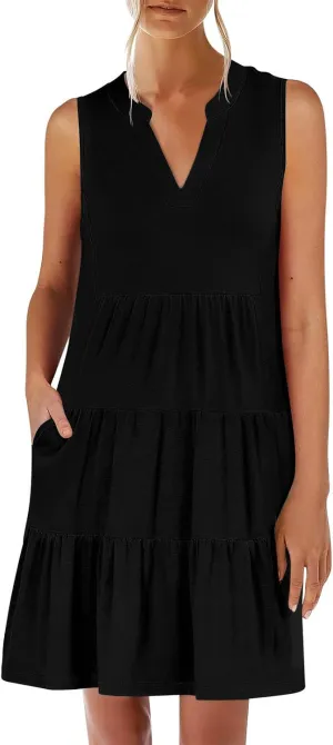 Summer Dresses for Women 2025 Casual Sleeveless Beach Dress Fashion Pleated Loose V-Neck Solid Color Sundress