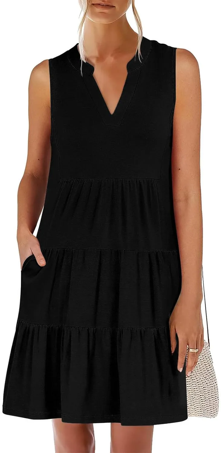 Summer Dresses for Women 2025 Casual Sleeveless Beach Dress Fashion Pleated Loose V-Neck Solid Color Sundress