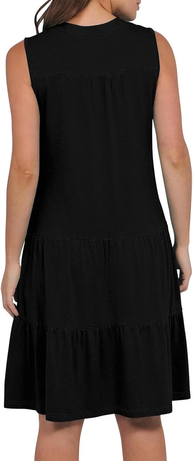Summer Dresses for Women 2025 Casual Sleeveless Beach Dress Fashion Pleated Loose V-Neck Solid Color Sundress