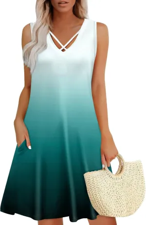 Summer Dresses for Women 2025 Loose Boho Beach Tank Dress V Neck Casual T Shirt Dresses Floral Sleeveless Sundresses