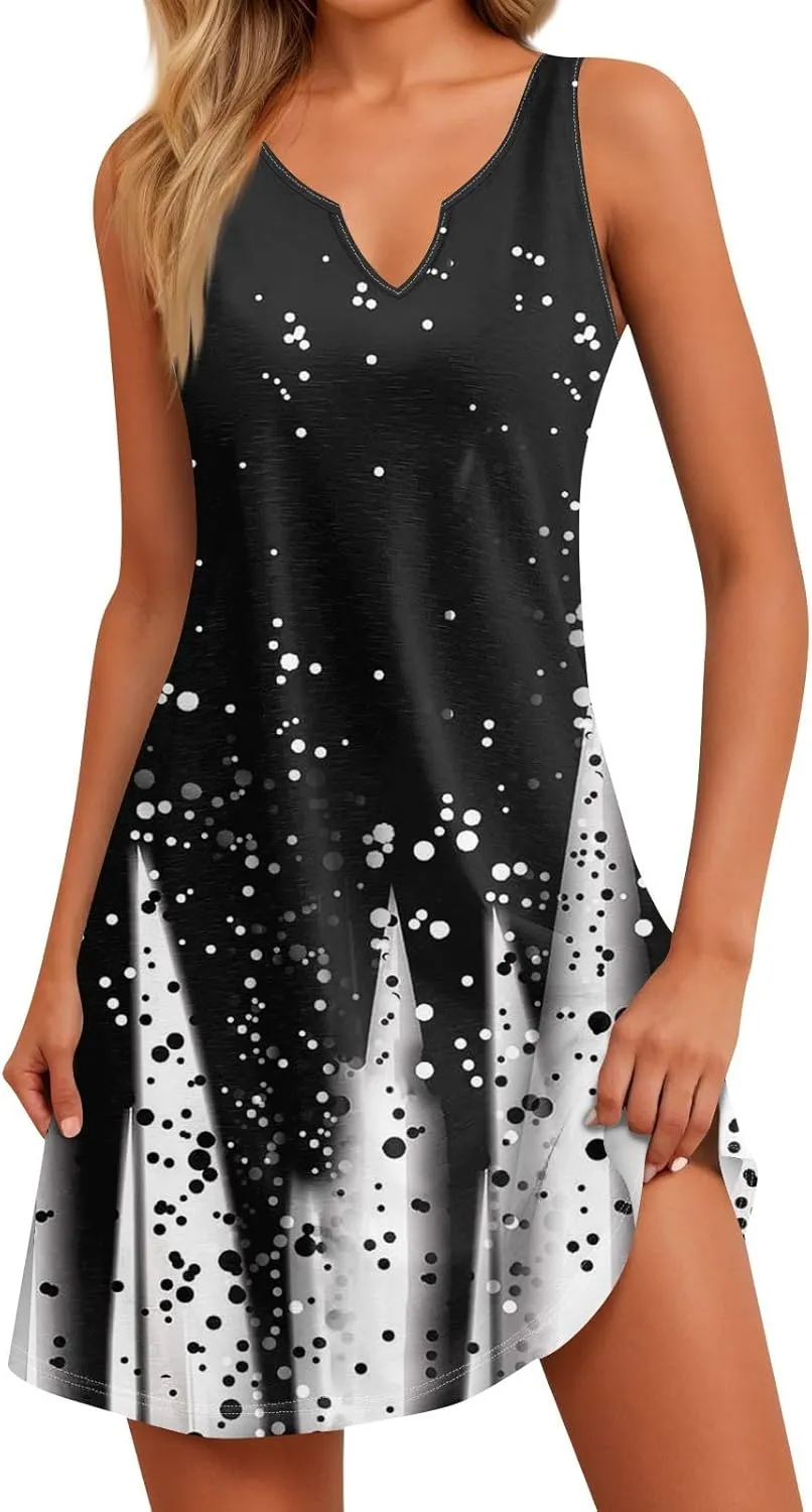 Summer Dresses for Women 2025 Loose V Neck Sundresses Sleeveless Tank Dress Beach Casual Floral Print Dress with Split