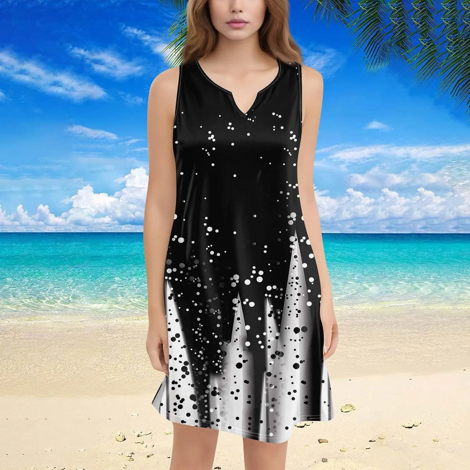 Summer Dresses for Women 2025 Loose V Neck Sundresses Sleeveless Tank Dress Beach Casual Floral Print Dress with Split
