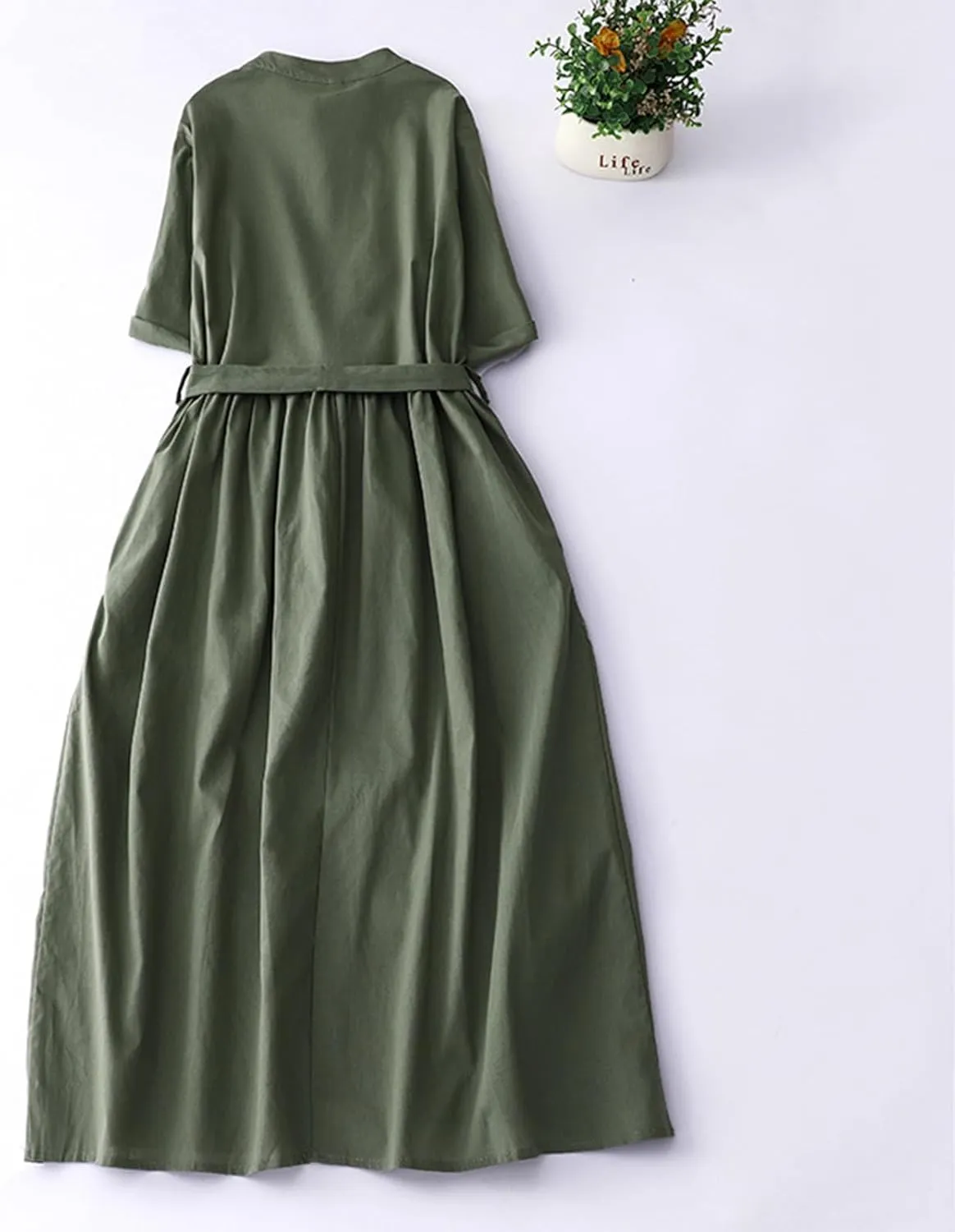 Summer Fashion Cotton Linen Shirt Dresses Women Short Sleeve Button Down High Waist Slim Long Dress Casual Maxi Dress