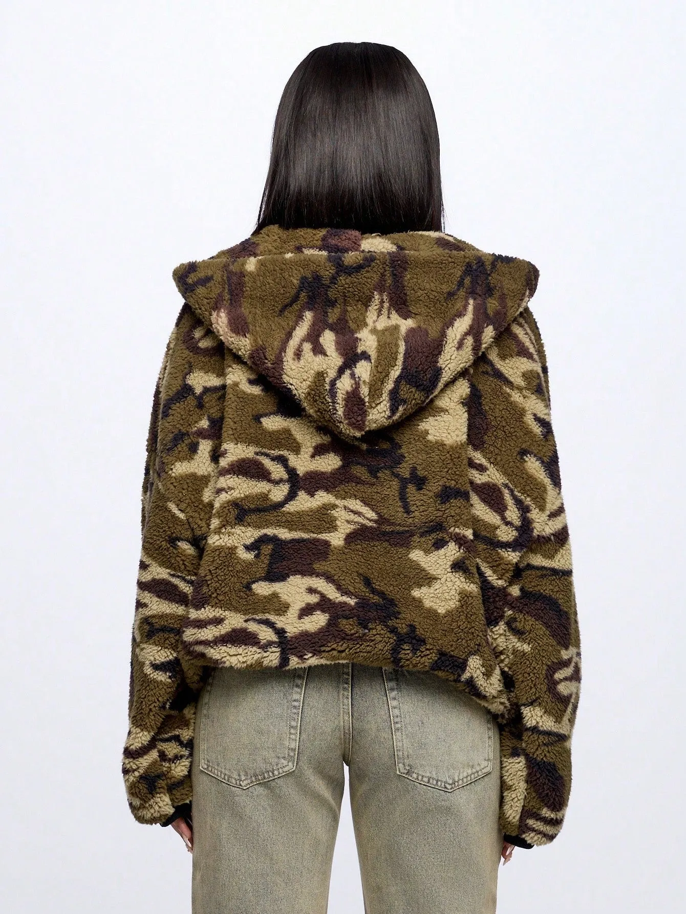 SUMWON WOMEN Camo Borg Oversized Zip Through Hoodie