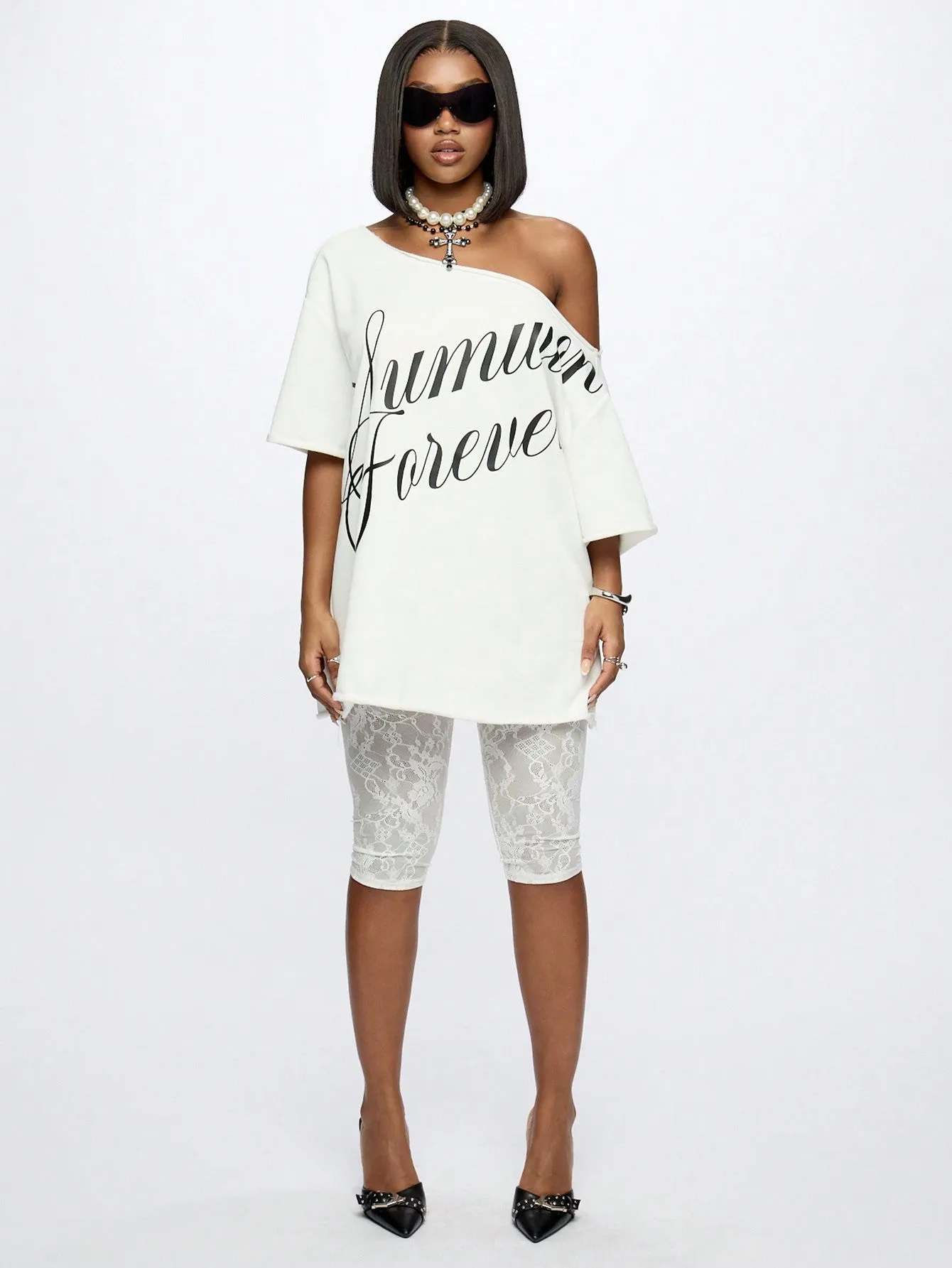 SUMWON WOMEN Off Shoulder Graphic T-Shirt Dress