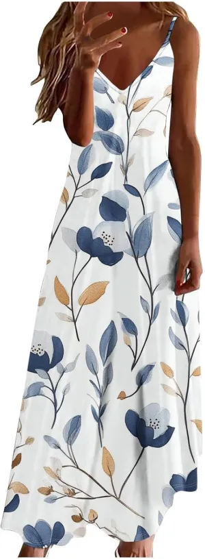 Sun Dresses for Women 2025 Flower Pattern Print Maxi Dresses Sleeveless Fashion Boho Beach Dresses
